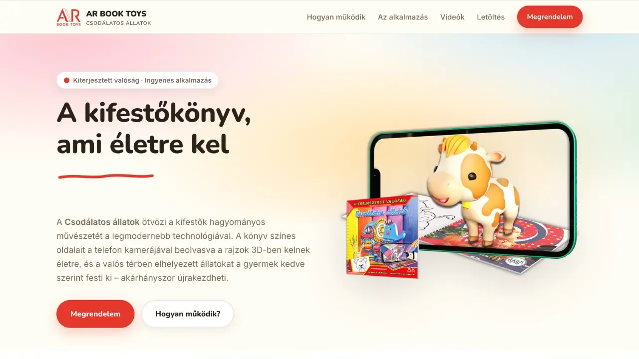 Az AR Book Toys termékoldala: „A kifestőkönyv, ami életre kel”, mellette egy telefonon 3D-ben megelevenedő tehén