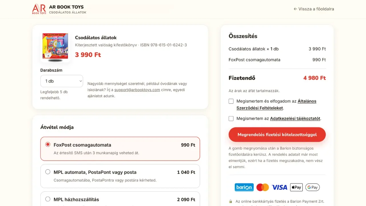 Az egyoldalas rendelés: darabszám, FoxPost, MPL vagy házhozszállítás, és Barion bankkártyás fizetés