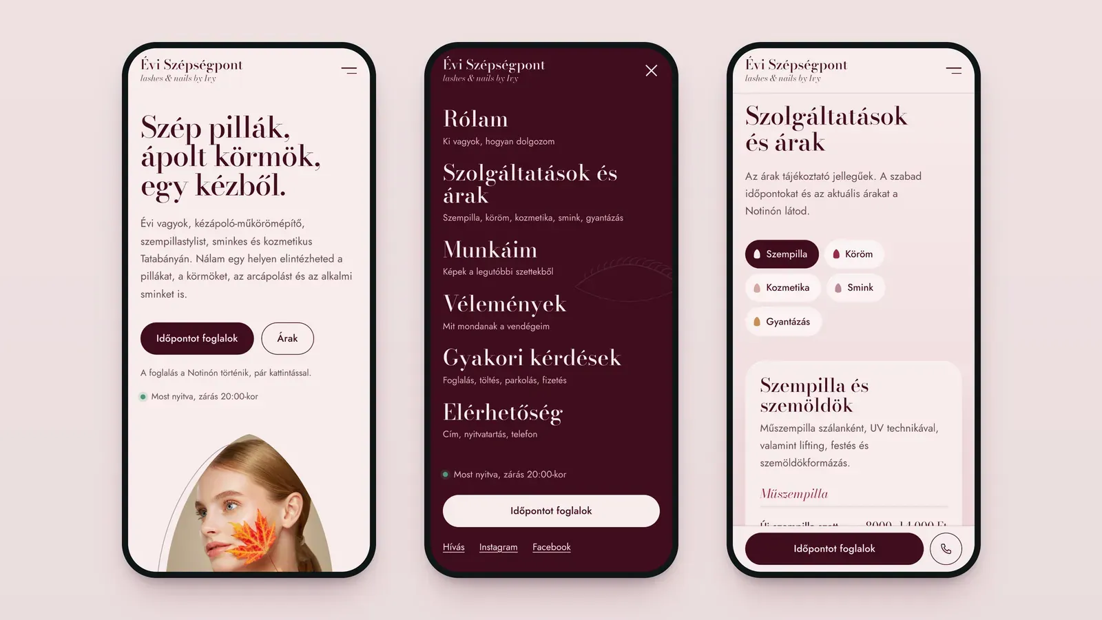 Három mobilnézet: nyitókép, a bordó, kör alakban kinyíló menü és az árlista, alul a foglalás- és hívógombbal