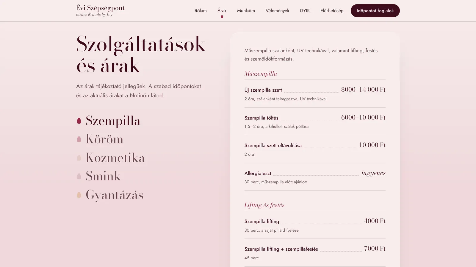 Az árlista: bal oldalt az öt kategória, jobbra a szempilla-árak, mindegyik tételnél az időtartammal