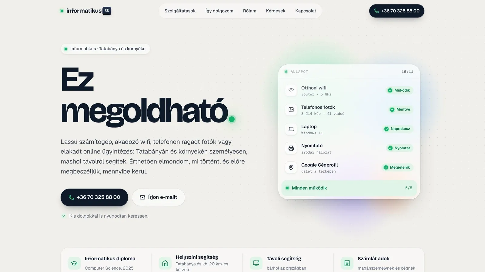Az informatikustb.hu nyitóképe: „Ez megoldható.” felirat és élő állapotpanel