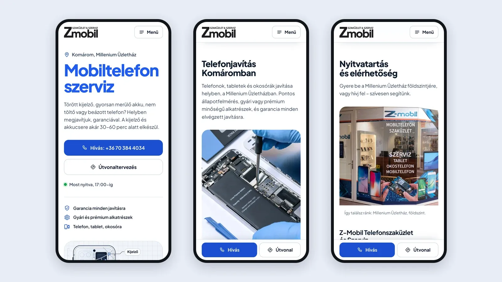 Három mobilnézet: nyitókép, szerviz és elérhetőség, alul a mindig látható hívás- és útvonalgombbal